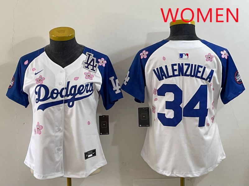 Women Los Angeles Dodgers #34 Valenzuela White Blue Sakura Edition 2025 Nike MLB Jersey style 38